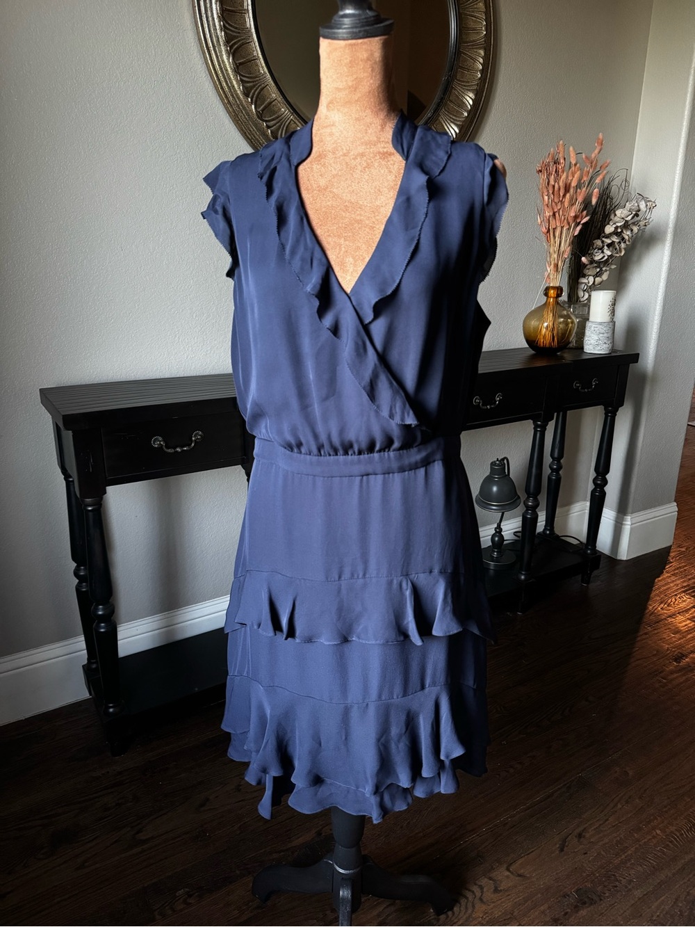Parker | Tangia Silk Navy Ruffle Tiered Midi Dress | Size 10